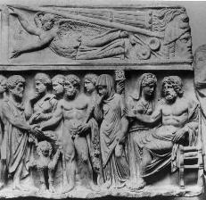 account. A similar figure, identified as Admetus, appears on the sarcophagus of Junius Euhodus and Metilia Acte in the Vatican; he too is bearded and is holding his dying wife s hand.