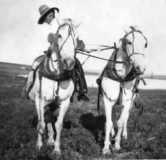Bessie, about age 20, preparing to ride the sisters' draft horses, Belle and Bird, out to work in the hayfield. (ca.