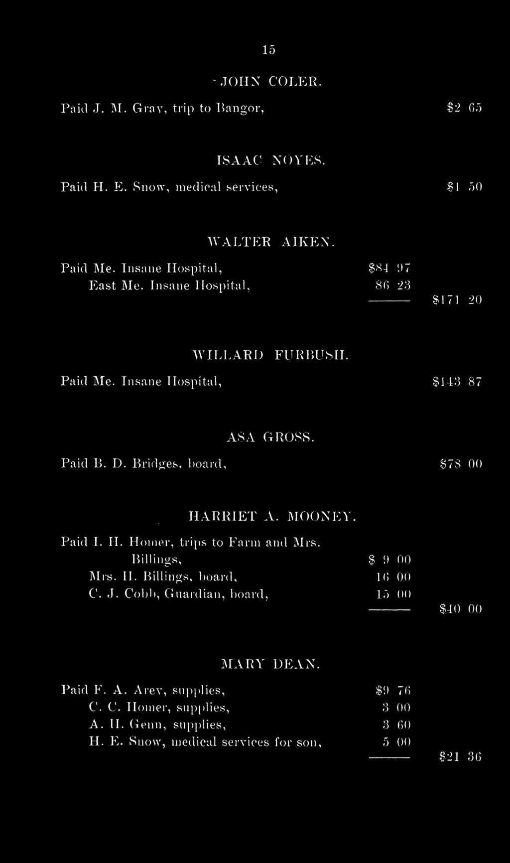 Bridges, board, $73 00 «HARRIET A. MOONEY. Paid 1. H. Horner, trips to Farm and Mrs. Billings, $ 9 00 Mrs. H. Billings, board, 16 00 C. J.