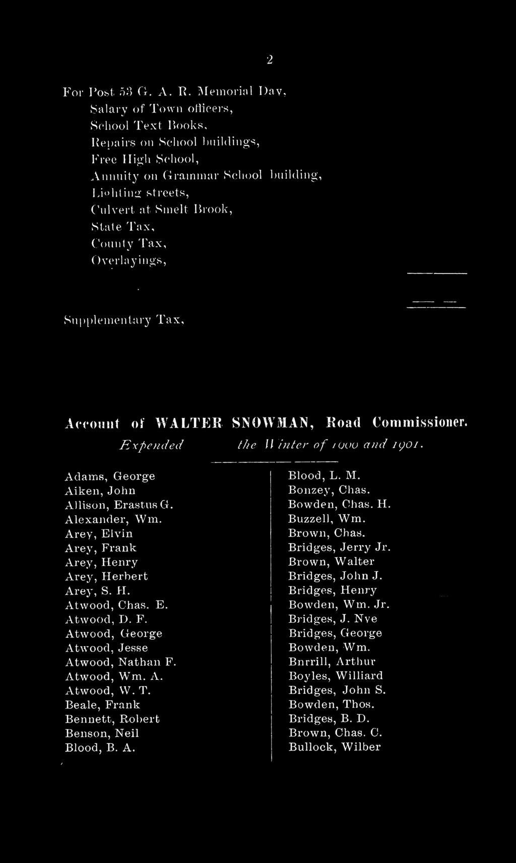 County Tax, V Overlayings, Supplementary Tax, Account of WALTER SNOWMAN, Road Commissioner. E xpended duringthe Winter o f 190and 1901. Adams, George Aiken,John Allison, ErastusG. Alexander, Wm.