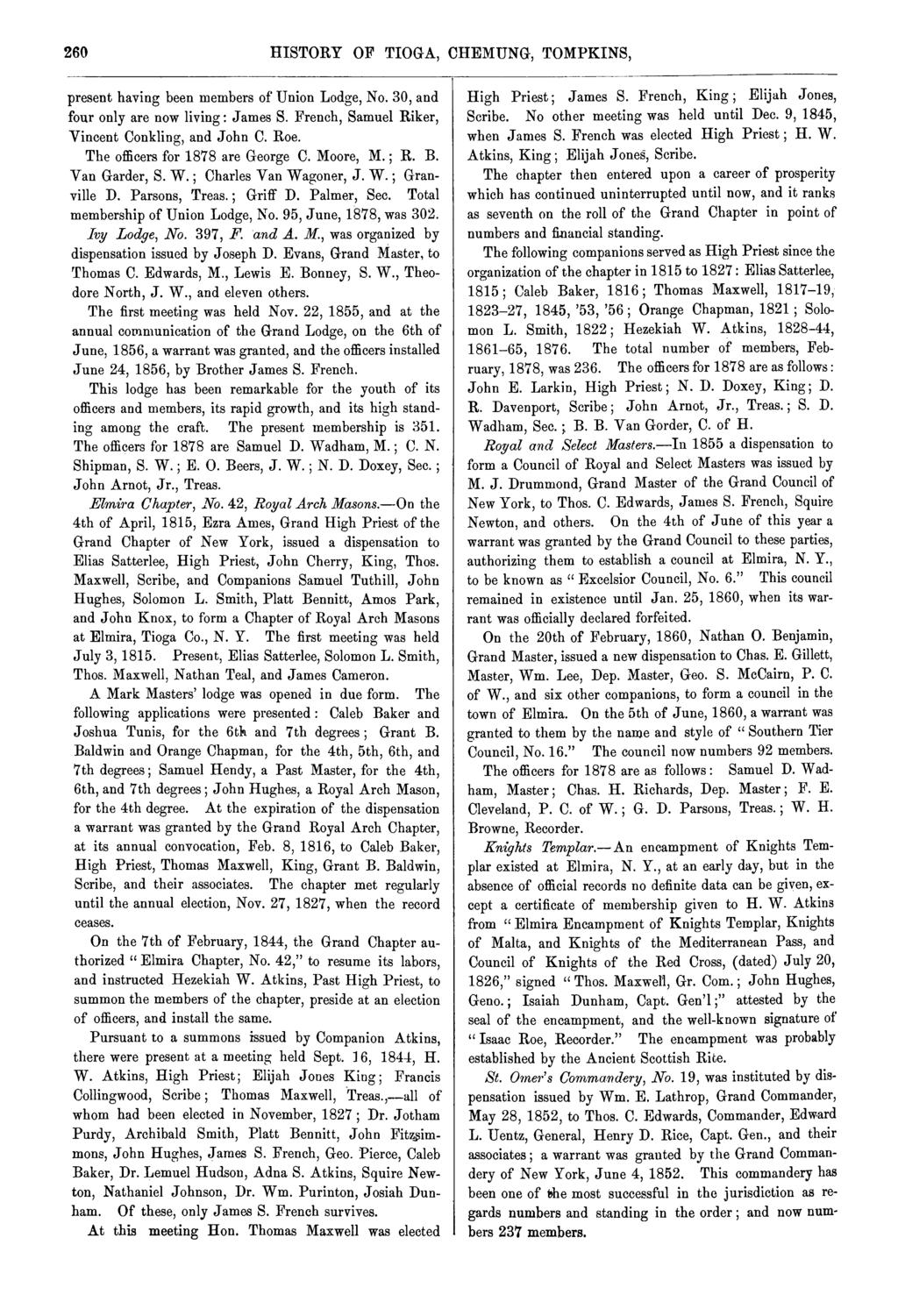 ; 260 HISTORY OF TIOGA, CHEMUNG, TOMPKINS, present having been members of Union Lodge, No. 30, four only are now living : James S. French, Samuel Riker, Vincent Conkling, John C. Roe.