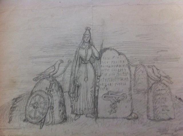 Fig. 6: Sigurður málari: A lady in national costume, standing next to a rune stone