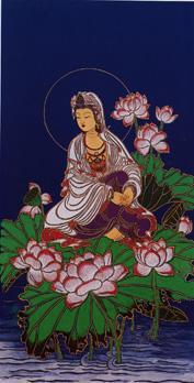 Avalokiteśvara of the Sea 海上觀音 walking on, holding and seated in lotuses, as painted by Korean Seon Master Man Bong.