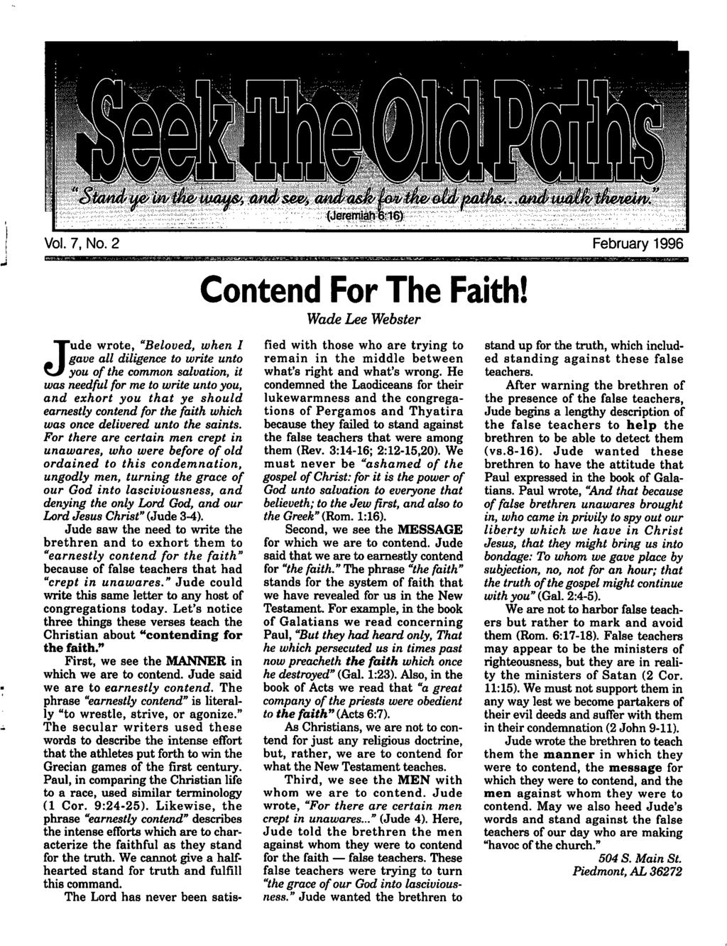 Vl. 7, N. 2 February 1996 Cntend Fr The Faith!