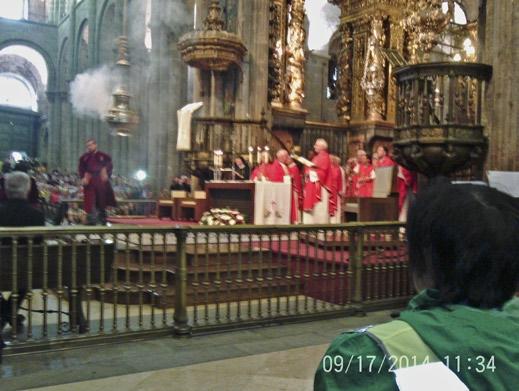 At this Mass, with John in a great, front seat, the eight priests filled the Botafumeiro and proceeded to swing it on a rope John found the whole experience amazing.