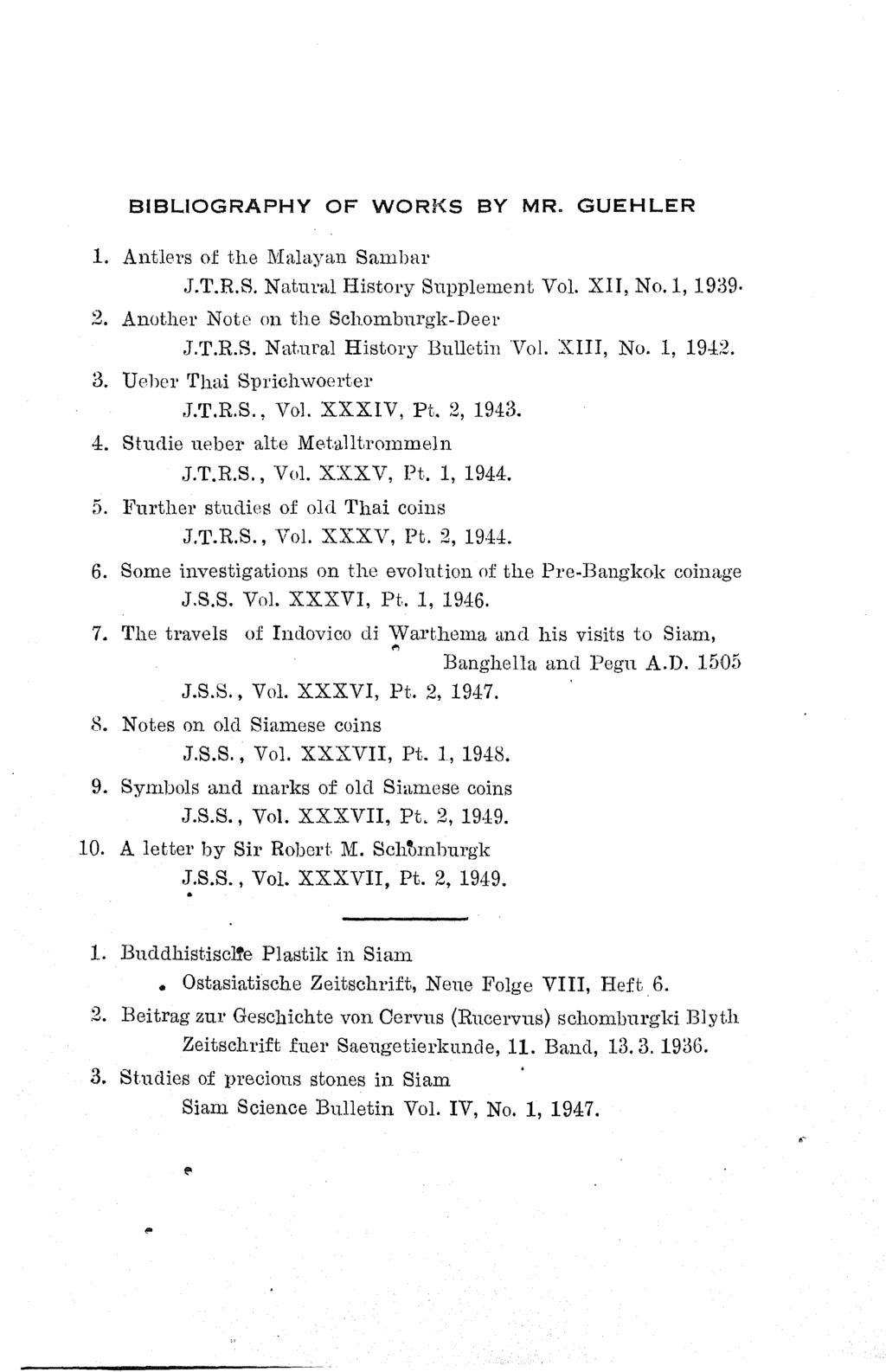 BIBLIOGRAPHY OF WORI<S BY MR. GUEHLER 1. Antlers of the Malayan Sa1nbar.J.T.R.S. Natural History Supplement Vol. XII, No.1, 1939 2. Another Note on the Schombnrgk-Deer J.T.R.S. Natural History Bulletin Vol.