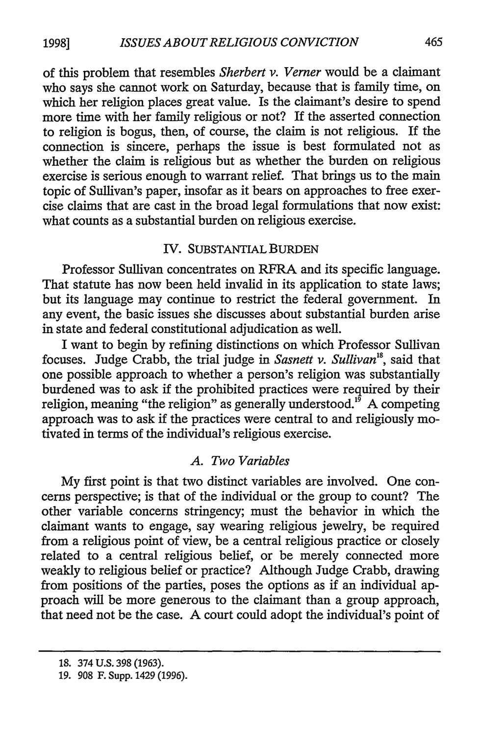 1998] ISSUES ABOUT RELIGIOUS CONVICTION of this problem that resembles Sherbert v.