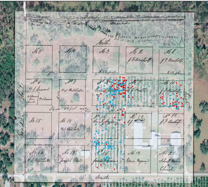 B A C Figure 5.5. 2004 aerial of the Pine Level site with overlay of the 1878 plat map, showing GPS locations of artifacts, and Areas. Red points are ceramics, blue are glass.
