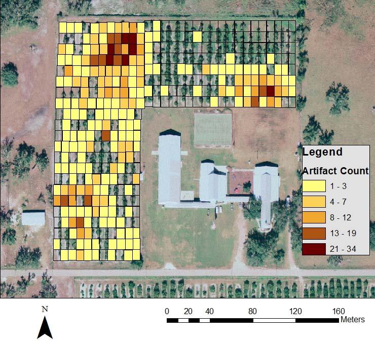 B A C Figure 5.6. Map showing the results of artifact collection. The red lines indicate how the orange grove artifacts were divided between Areas A, B, and C for analysis.