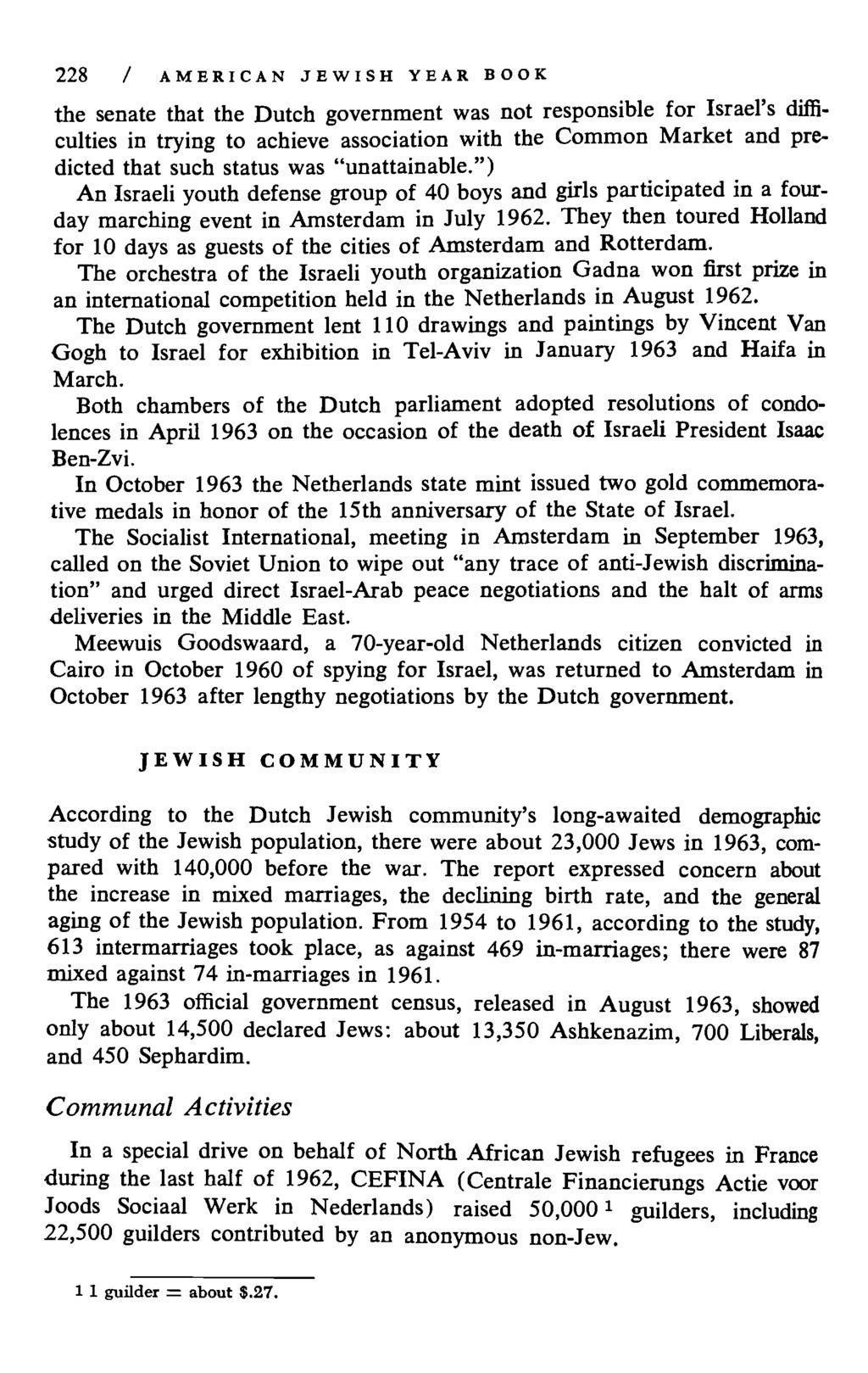 228 / AMERICAN JEWISH YEAR BOOK the senate that the Dutch government was not responsible for Israel's difficulties in trying to achieve association with the Common Market and predicted that such
