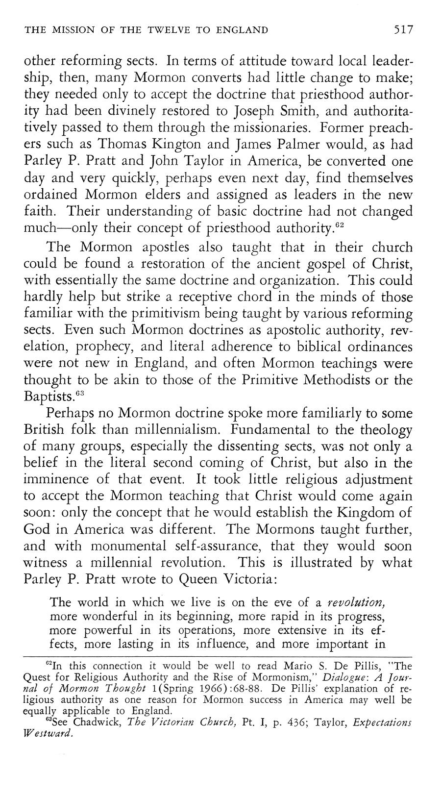 Allen and Thorp: The Mission of the Twelve to England, 1840-41: Mormon Apostles an THE MISSION OF THE TWELVE TO ENGLAND 517 other reforming sects in terms of attitude toward local leadership then