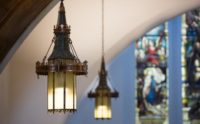 HANGING CHANDELIERS Repurposed from former Holy Trinity Parish in Boston s South End (the old German church).