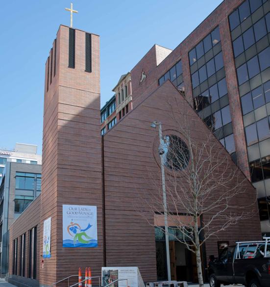 of Boston, the exterior follows a traditional A-Frame style. The cross has been repurposed from the former parish of St. Mary Star of the Sea, Quincy.