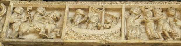 The second shows the two sailing across the sea to Constantinople. An inscription above each scene provides a brief explanation.