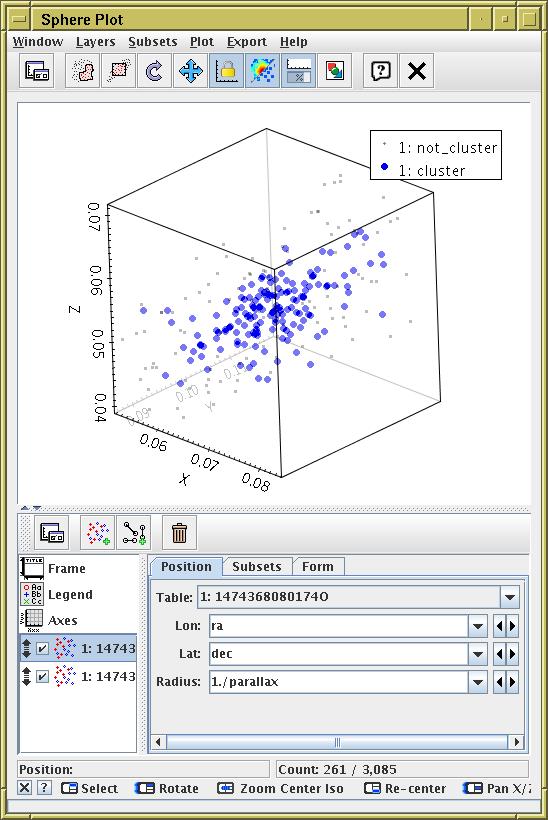 A.6: 3d cluster positions Graphics Sphere Plot menu item or toolbar button Subsets tab: select cluster subset only Lon: ra Lat: dec Radius: 1.