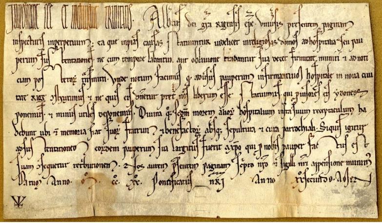 The oldest document in the State Historical Archive of Latvia, charter granted by Albert, 3 rd bishop of Riga, in 1220, establishing a hospital in Riga (LVVA, 8.