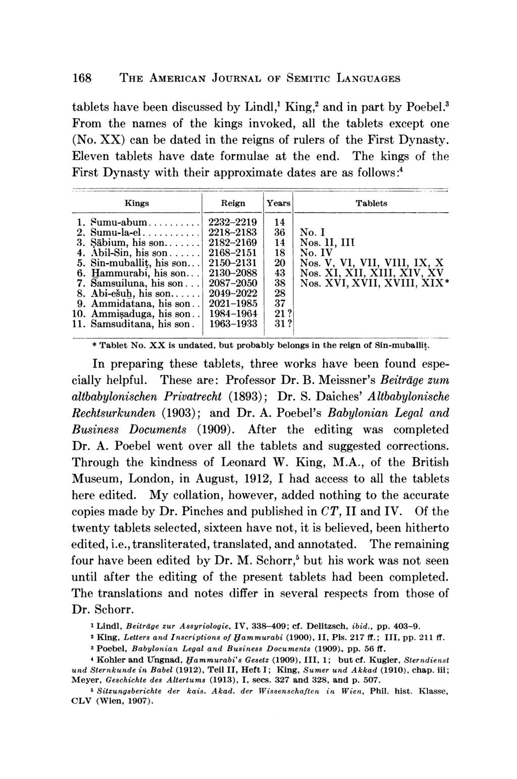 168 THE AMERICAN JOURNAL OF SEMITIC LANGUAGES tablets have been discussed by Lindl,1 King,2 and in part by Poebel.3 From the names of the kings invoked, all the tablets except one (No.