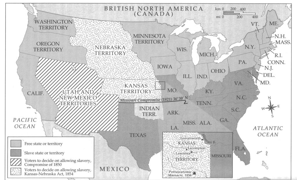 Documents: Doc A: Map of the USA in 1854 Doc B: Kansas Voting #s (1855) 2,905