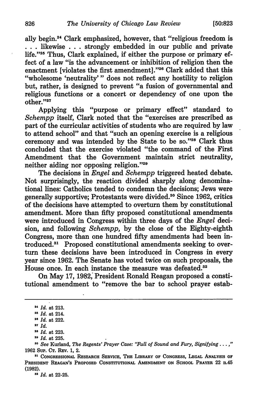 The University of Chicago Law Review [50:823 ally begin. 4 Clark emphasized, however, that "religious freedom is... likewise... strongly embedded in our public and private life.