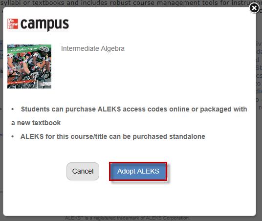 The instructor clicks on the Adopt ALEKS button. The instructor arrives at the following page.