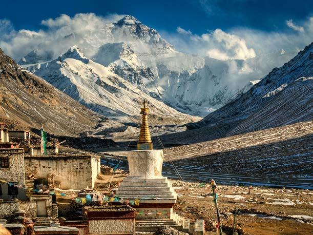 Rongbuk Monastery with Qomolungma behind Day 21 Thursday, 25 August: Rongbuk and Qomolungma, North Face From Tingri we visit Rongbuk, which although very small was considered one of the most