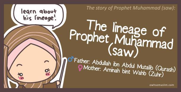 02: The lineage of Prophet Muhammad (saw) Let s learn about his lineage! Prophet Muhammad (s.a.w) was the son of Abdullah ibn Abdul Mutalib from the tribe of Qurash, and his mother was Aminah bint Wahb from the clan of Zuhr.