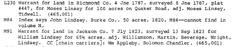 1808: 6 Jan Benjamin Lindsey was granted Lot 311 in Wilkinson County District 21. The grant was recorded in Wilkinson County District 21 Grant Book, page 55.