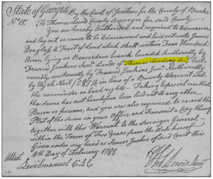 1788: James Douglass received a warrant to have land in Burke County surveyed. The land was on the Beaverdam Branch of Buckhead Creek, adjacent to land owned by Frances Jenkins Sr.