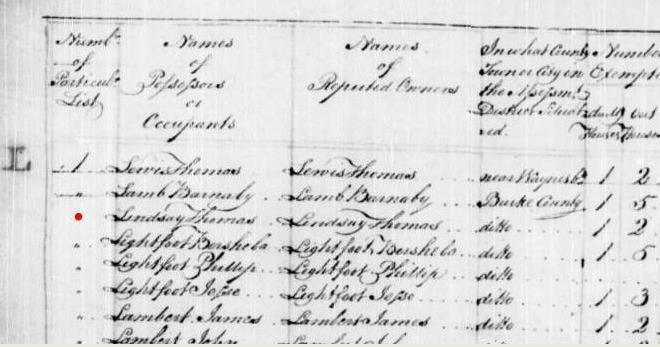 Buckner Jenkins may have been Buckner Jenkins, who married Elizabeth Lindsey. 1798: Thomas Lindsey was taxed in Burke County.