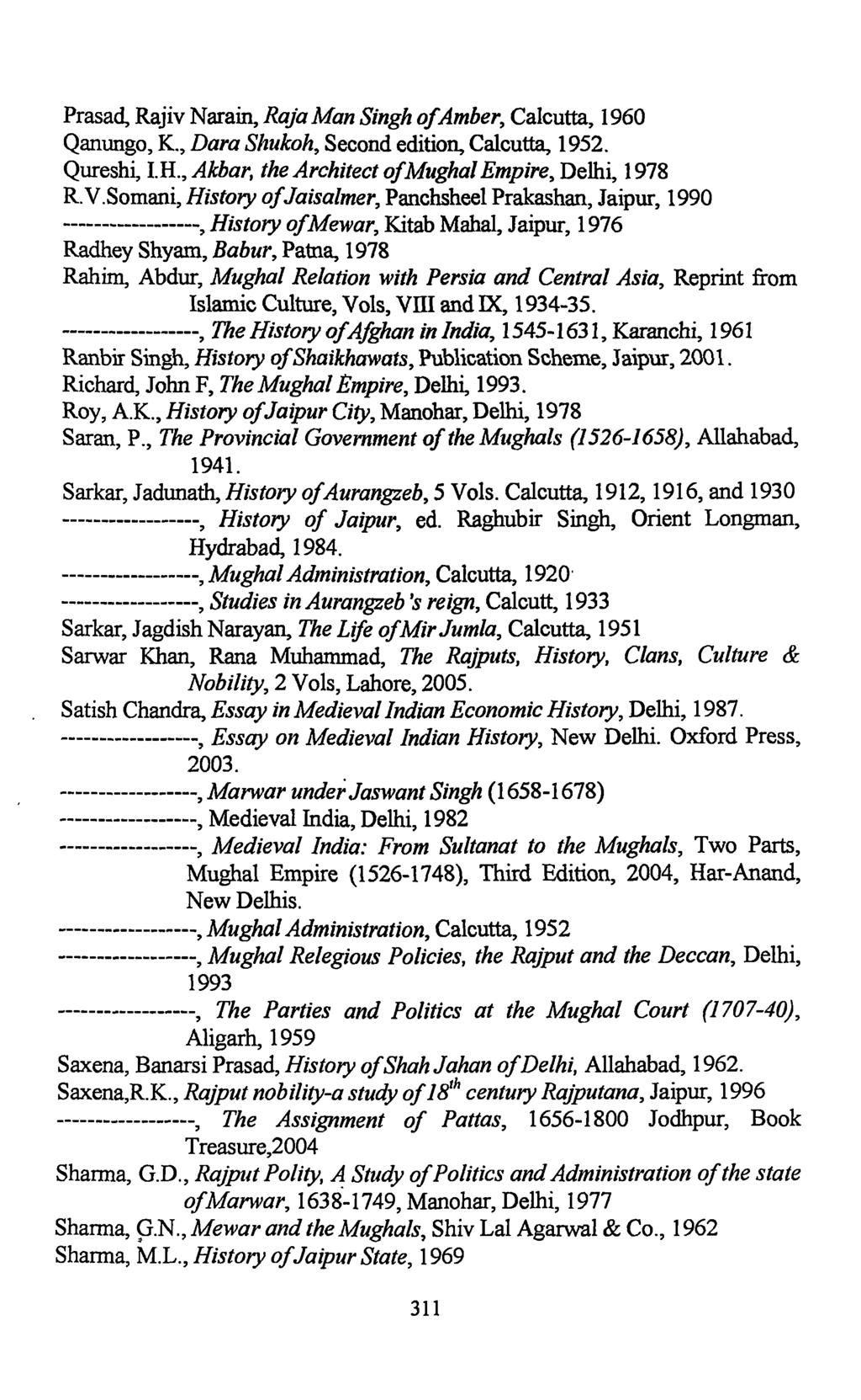 Prasad, Rajiv Narain, Raja Man Singh of Amber, Calcutta, 1960 Qanungo, K., Dara Shukoh, Second edition, Calcutta, 1952. Qureshi, l.e.,akbar, the Architect of Mughal Empire, Delhi, 1978 R.V.