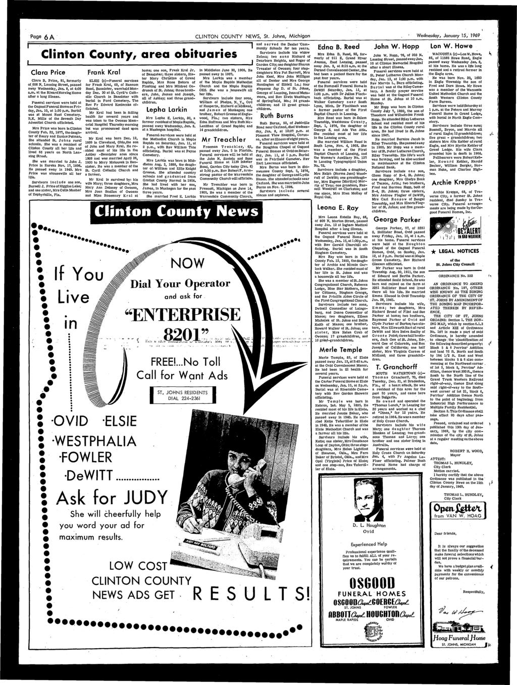r L Page 6 A CLINTON COUNTY NEWS, St. Johns, Michigan Wednesday, January 15, 1969 Clinton County, area obituaries l Clara Price Clara B.