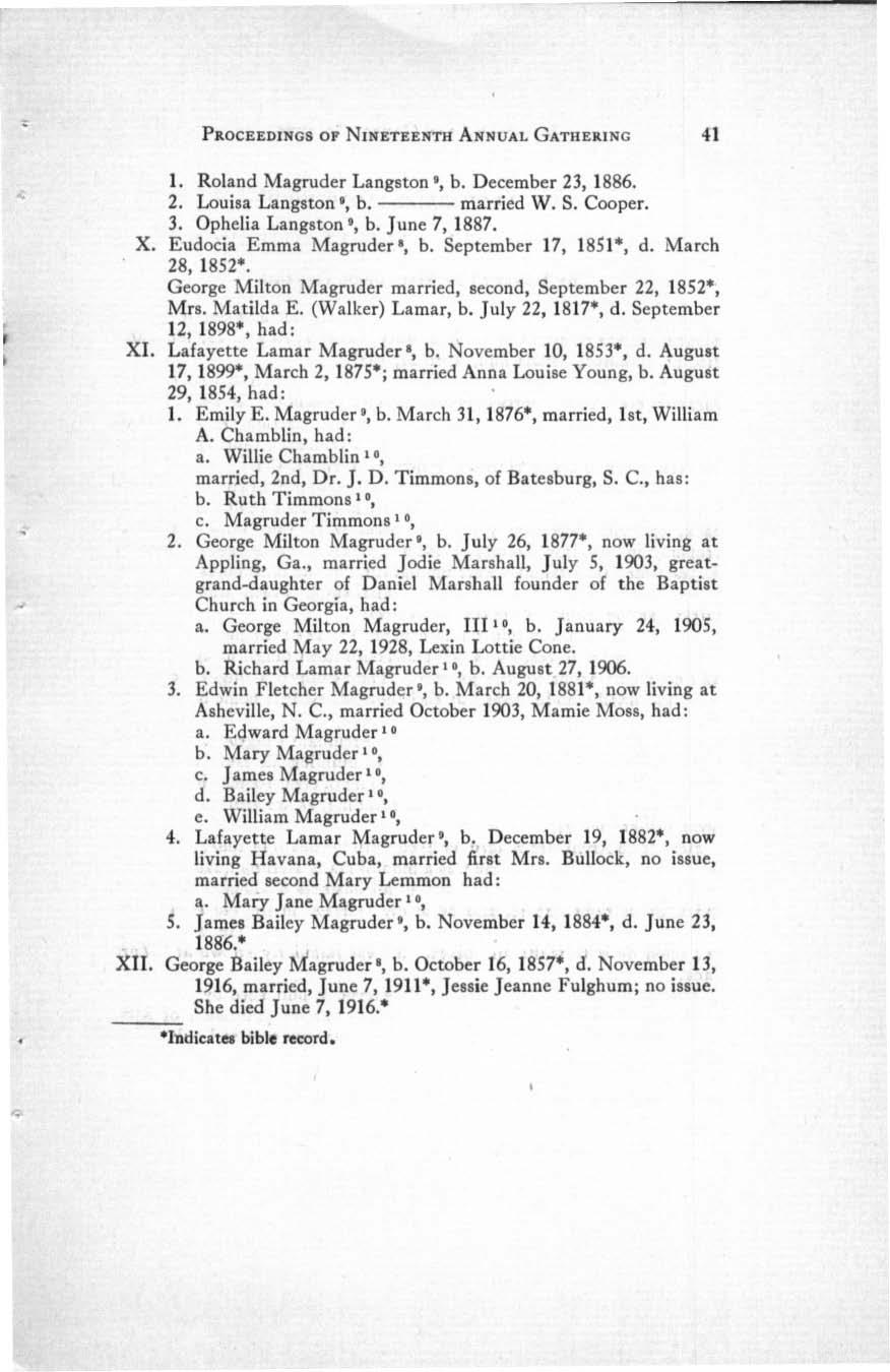 PROCEEDINGS OF NINETEENTH ANNUAL GATH ERI NG 41 1. Roland Magrud er Langston g, b. December 23, 1886. 2. Louisa Langston g, b. married W. S. Cooper. 3. Ophelia Langston 9, b. June 7, 1887. X.