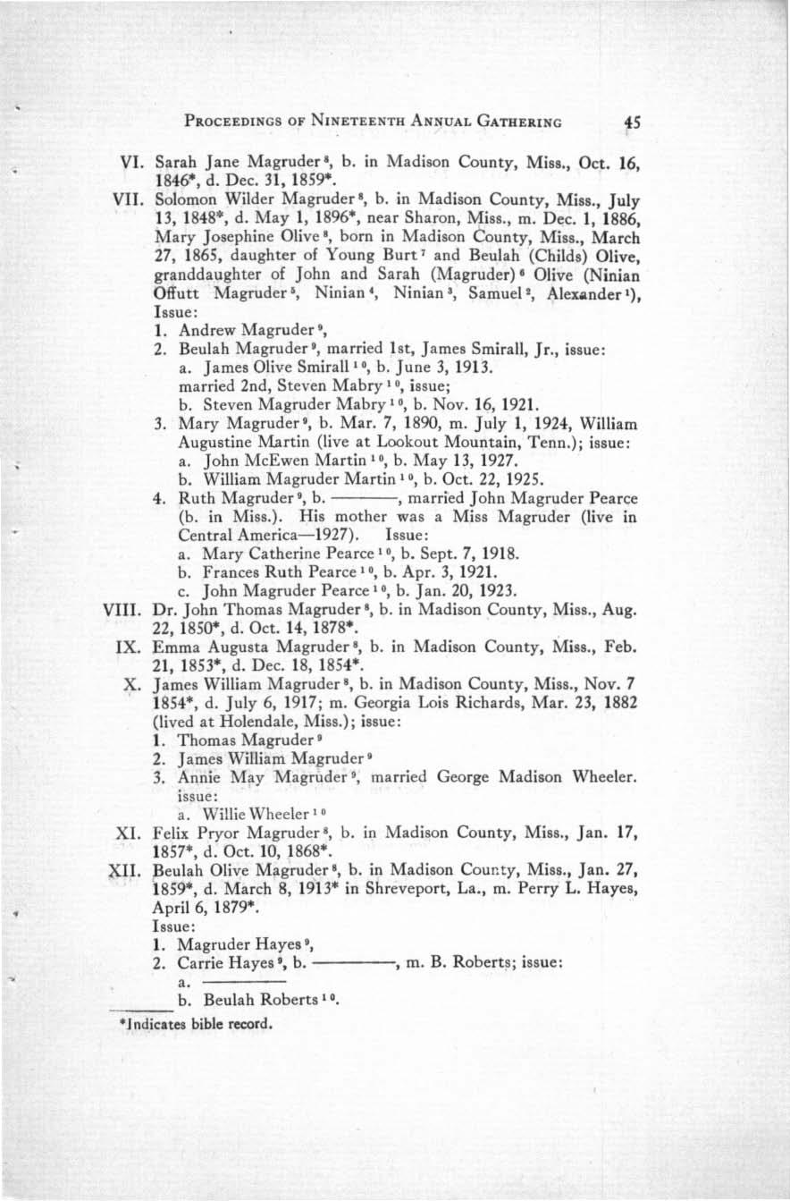 PROCEEDINGS OF N IN ETE EN TH ANNUAL G ATHERI NG 45 VI. Sarah Jane Magruder 8, b. in Madi son County, Miss., Oct. 16, 1846, d. Dec. 31, 1859. VII. Solomon Wilder Magruder t, b.