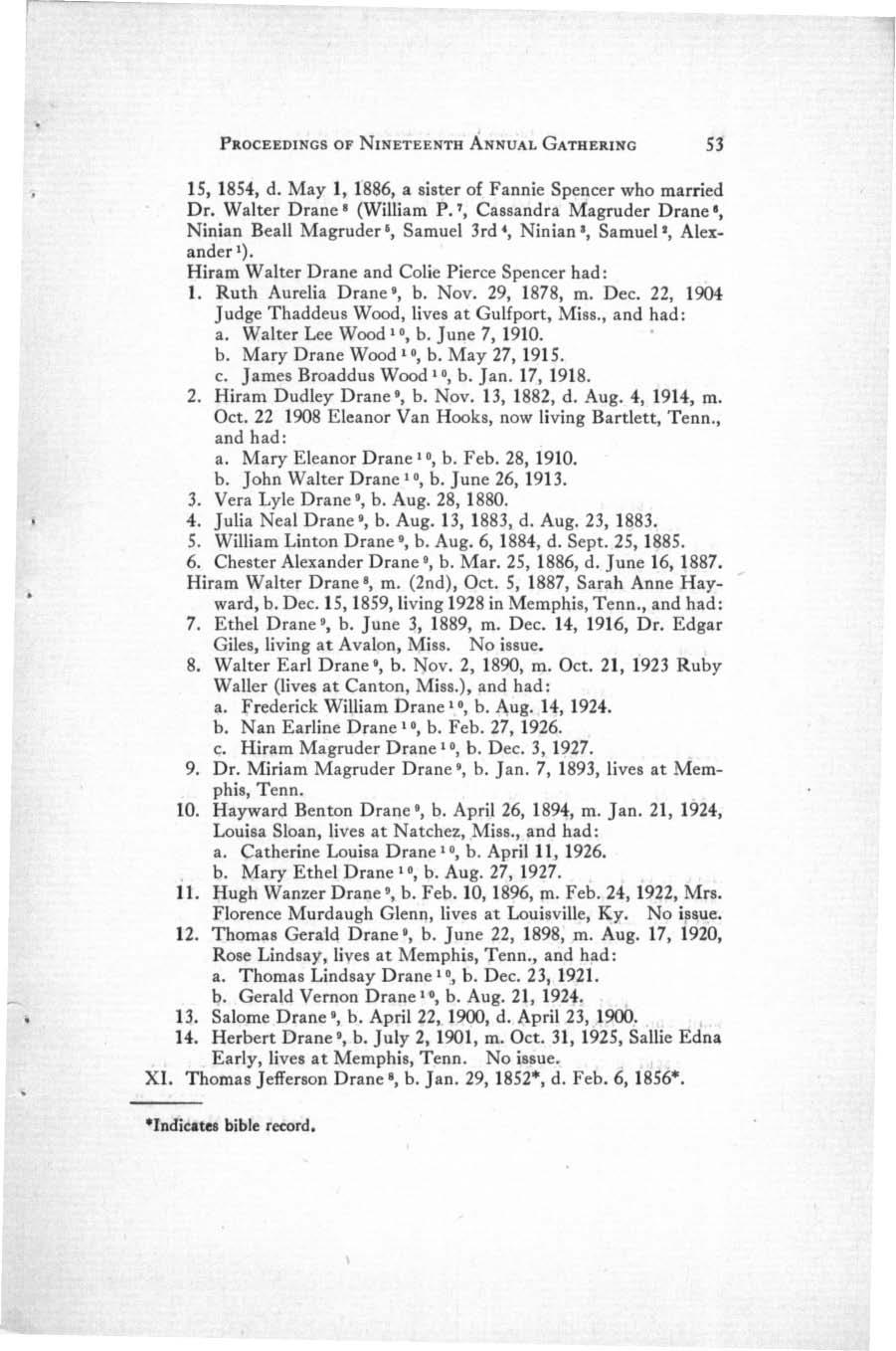 PROCE EDI NGS OF N INETEENTH A NNUAL GATHERING 53 15, 1854, d. May 1, 1886, a sister of Fannie Spencer who married Dr. Walter Drane 8 (William P.