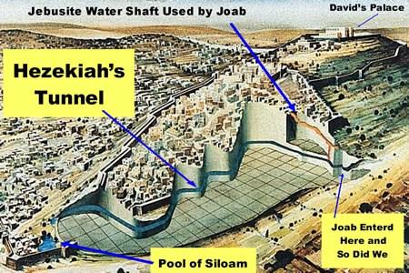 , whe Assyria s kig Seacherib was comig agaist Jerusalem, Judah s Kig Hezekiah had his me block off the water from the sprigs outside the city, divertig the stream that flowed through the lad ito a