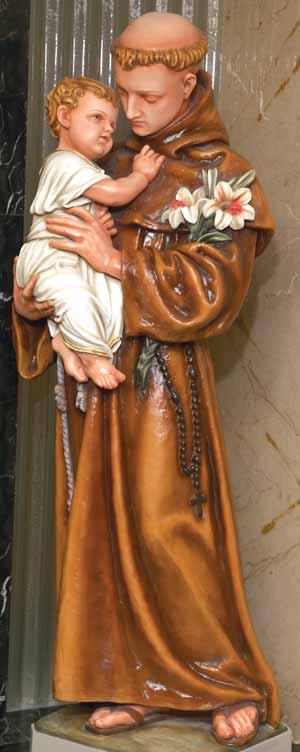 In this statue of St. Anthony, he is wearing the brown robe and knotted cord of a Franciscan Friar. St. Anthony is normally sculpted holding a child, a book, lilies, and sometimes all three.