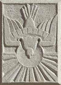A familiar symbol, the descending dove combined with the halo and the rays, represents the Holy Spirit and means holiness.
