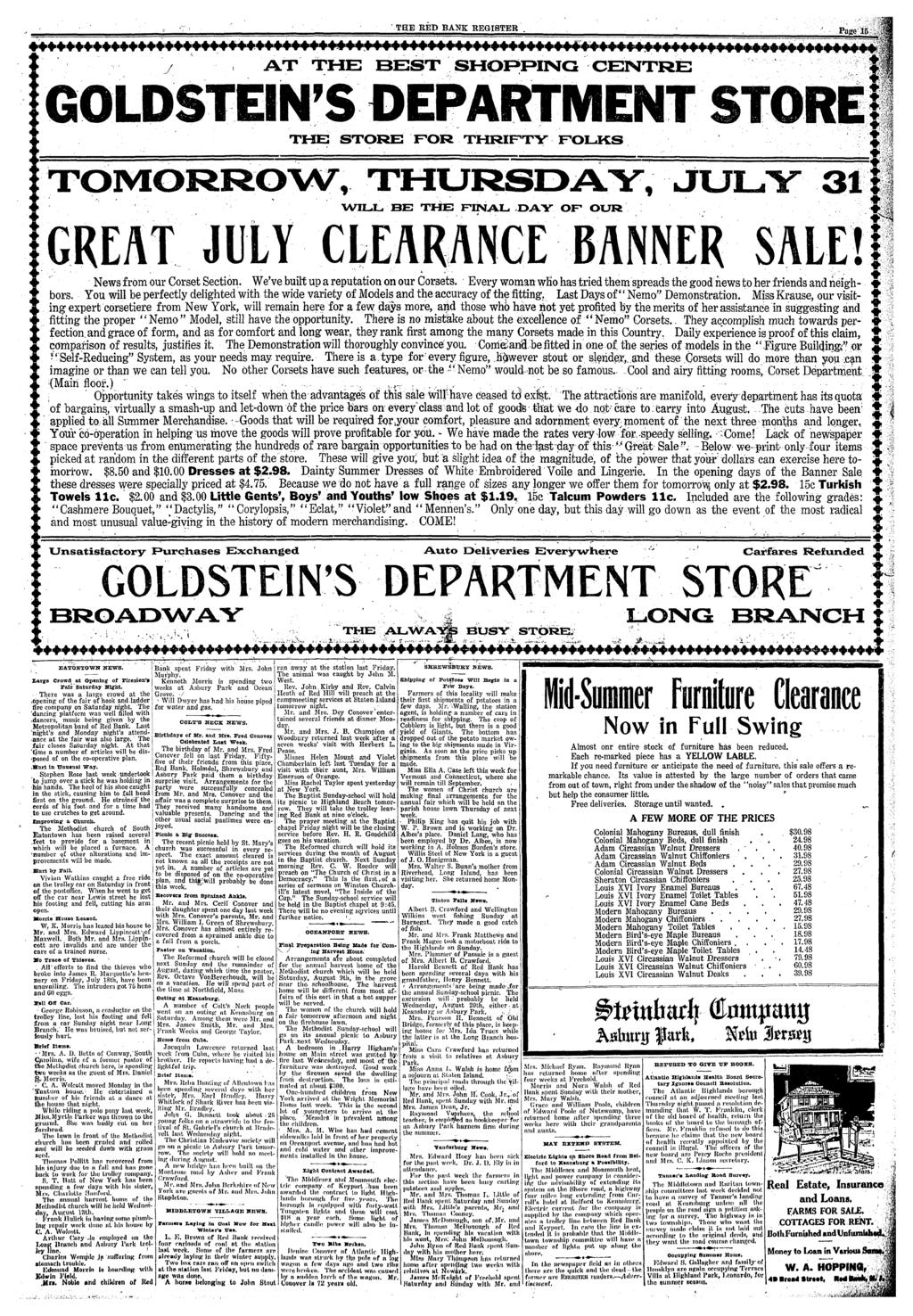 THE BED BANK REGSTER P.HM 1R AT THE GEST SHOPPNG CENT GOLDSTEN'S DEPARTMENT STORE THE STORE FOR THRFT FOLKS T TOMORROW, THURSDA, JUL 31: WLL, BE THE FNAL, DA OF 1 OUR GREAT JUL CLEARANCE BANNER SALE!