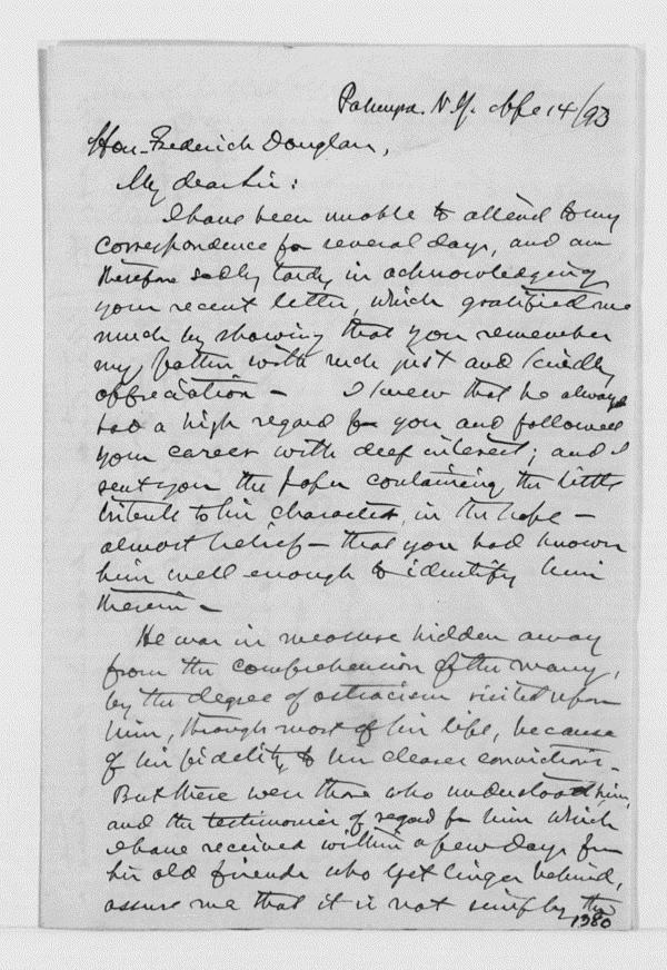 260 Palmyra 4) Pliny Sexton, Jr., to Frederick Douglass, April 1893, Frederick Douglass Papers, Library of Congress, American Memory, memory.loc.