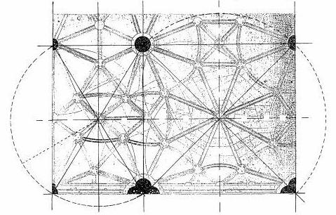 S. M. Genin 297 4 THE CONCEPTION GEOMETRIC STUDY Based upon the plan of the restoration works, the geometry was analysed: The central key-stones of the chief nave and the bays define symmetry axes.