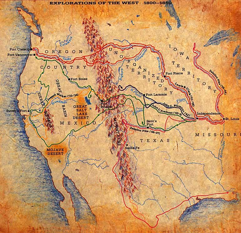 Illustration #2 Map showing western expeditions, such as Fremont, Pike and Lewis and Clark.