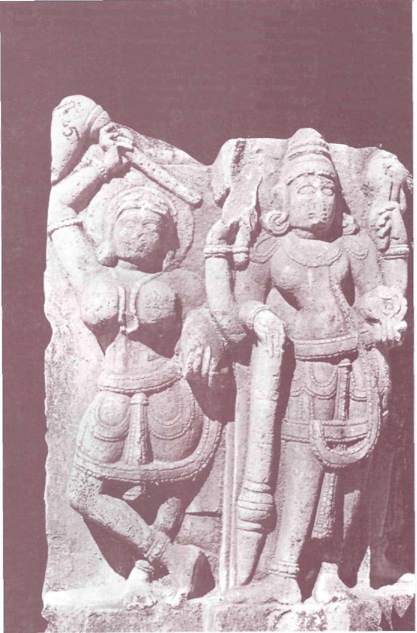 This piece of stonework representing Vishnu, the preserver, and attendants, was found in Manmool. The statue belongs to the late medieval period (600 A.D.).