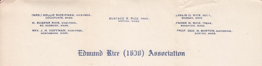 Formation of the Edmund Rice (1638) Association in 1912 First meeting of Association at the annual reunion on 30 August 1912 at First Parish Church, Wayland (2/6/1913 letter William Whitmore to Clara