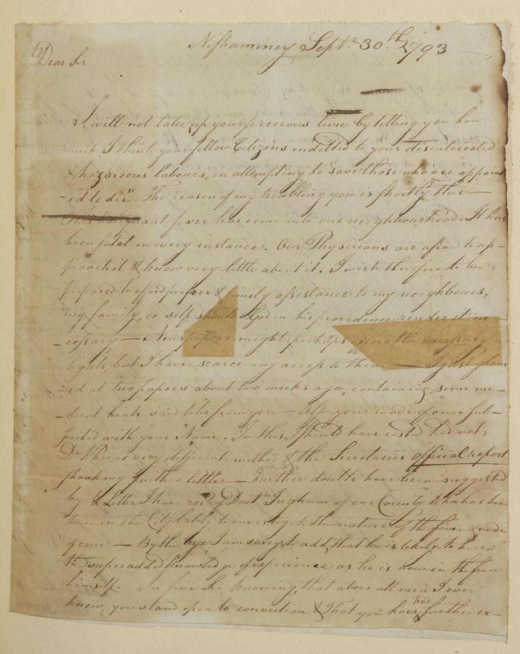 Letter from Nathaniel Irwin to Dr.