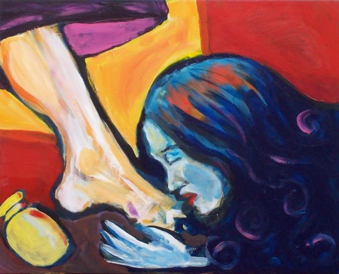 ART Mary Anointing the Feet of Jesus by David Finley Mary Anointing the Feet of Jesus *% Then Mary took about a pint of pure nard, an expensive perfume; she poured it on Jesus feet and wiped his feet