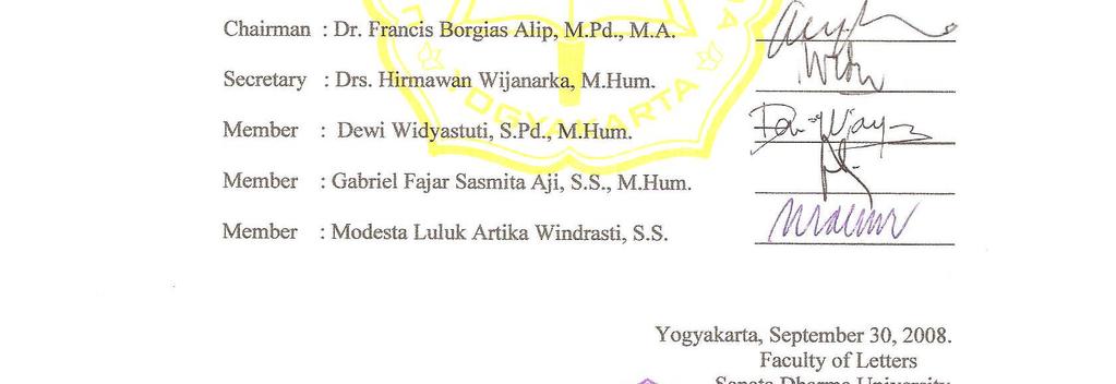Signature Chairman : Dr. Francis Borgias Alip, M.Pd., M.A. Secretary : Drs. Hirmawan Wijanarka, M.Hum. Member : Dewi Widyastuti, S.Pd., M.Hum. Member : Gabriel Fajar Sasmita Aji, S.