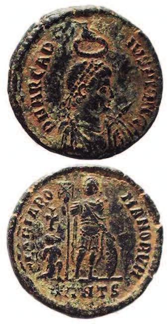 Figure 8 Bronze coin of Arcadius (383-408 AD). Notice the sleeve on God s hand as in Figure 1, and the Christian cross on the reverse. Sear 4229. Figure 9 Solidus of Honorius (393-423 AD). RIC 1310.