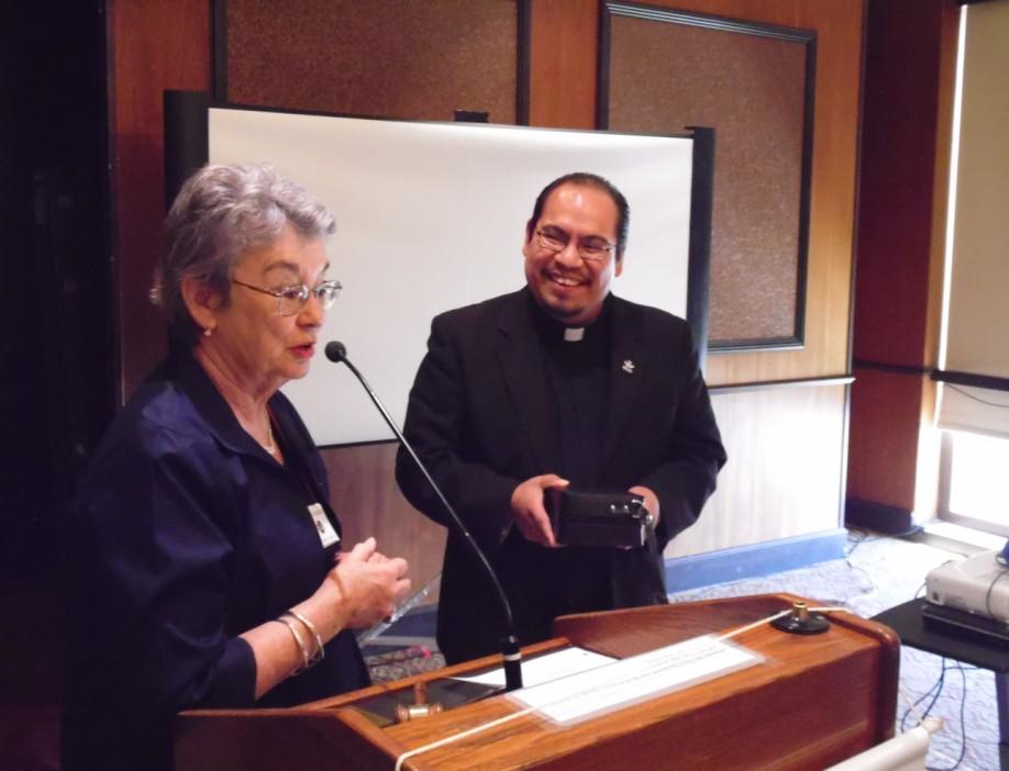 {Photos clockwise from upper left} 1. Virginia Neessen & Jeannine Nobles; 2. President Dorothy Schatzman presents a Mass Kit to Reverend Fra