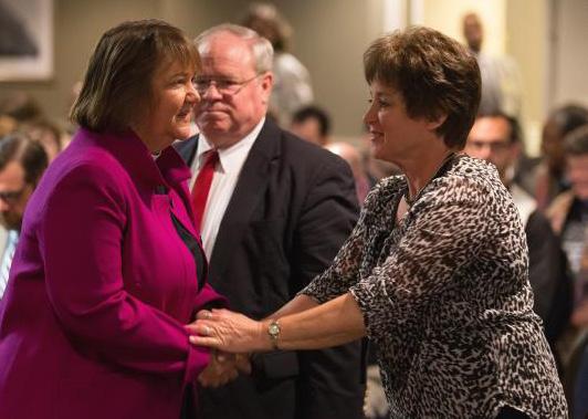 Judicial Council Strengthens Biblical Standards for Who Can Be Clergy, Bishops UM Action Steering Committee member Dixie Brewster (right) greets Dr.