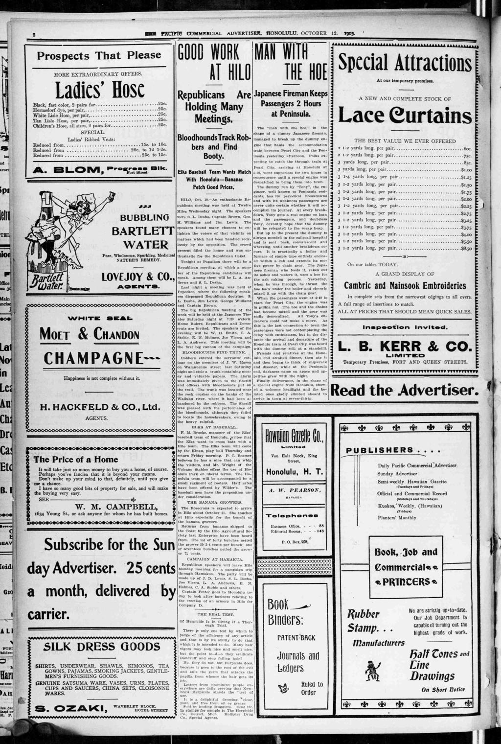 f AL'FUS COMMERCAL ADVERTSER, HONOLULU. OCTOBER 2, T93. Prospects That Please MORE EXTRAORDNARY OFFERS. Lades' Hose Black, fast color, 2 pars for 25c Hermsdorf dye, per par,.... :?